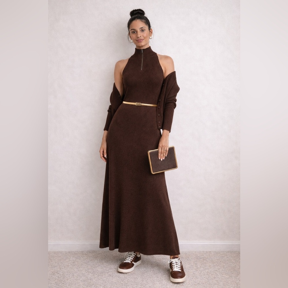 Vintage Brown Wool Knit Skirt Set Maxi Cardigan 2-Piece XS/S